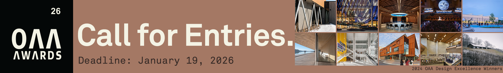 2026 OAA Awards Call for Entries banner featuring a collage of the 2024 OAA Design Excellence Award winners