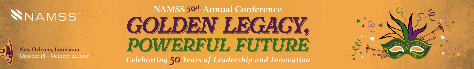 NAMSS Annual Conference Banner featuring New Orleans Mardi Gras mask, trumpets, and confetti